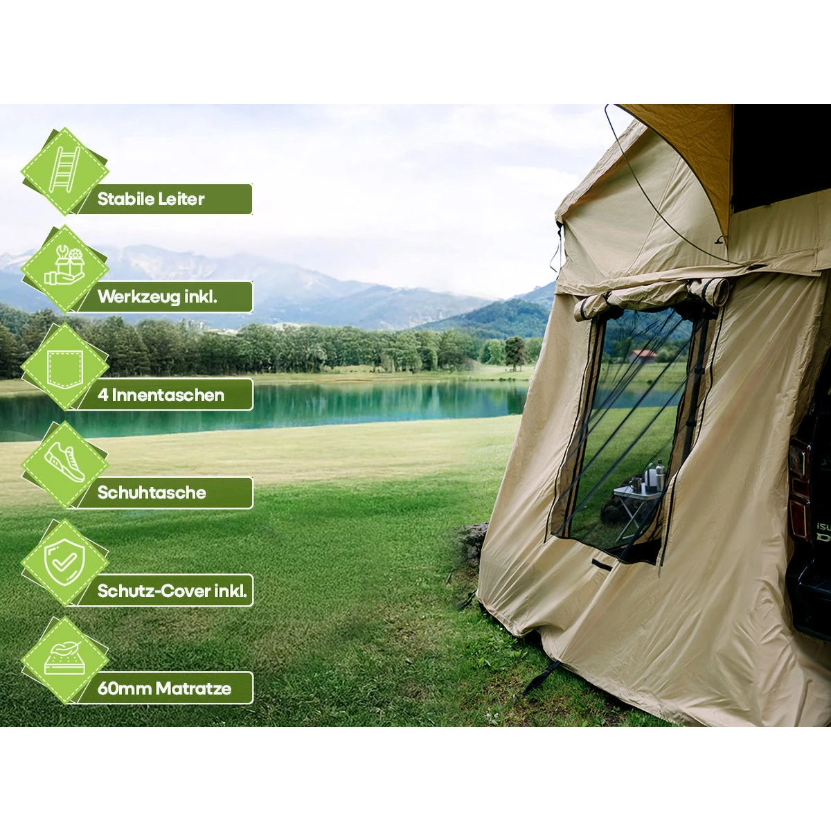 OutdoorU Family 4 Personen Dachzelt mit Vorzelt und Leiter - Obelink.de