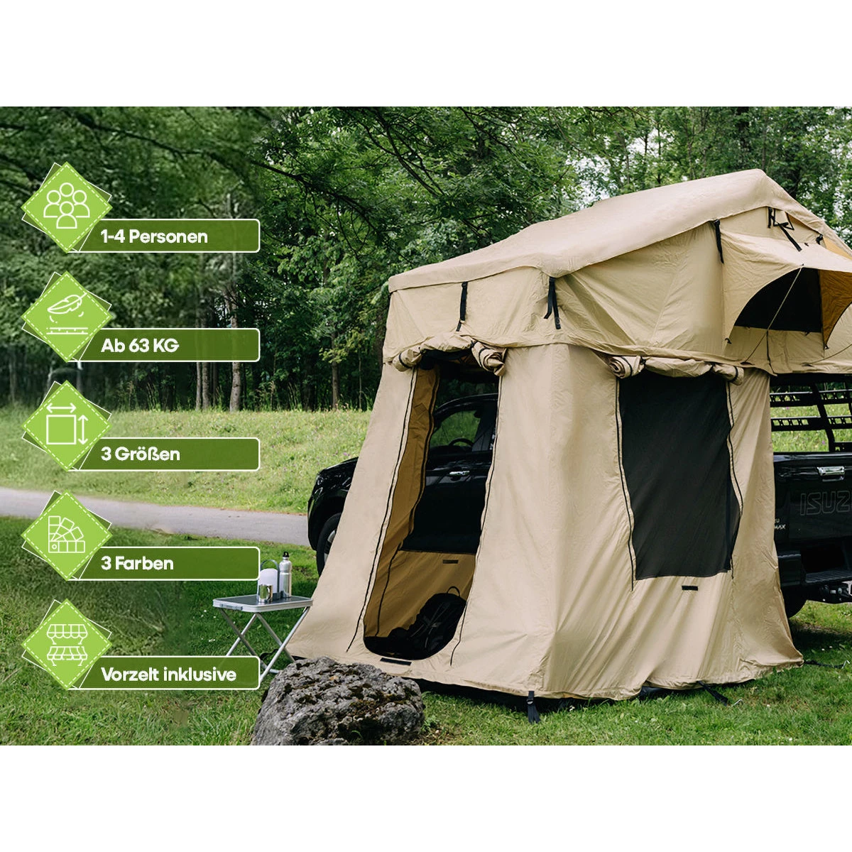 OutdoorU Family 4 Personen Dachzelt mit Vorzelt und Leiter - Obelink.de