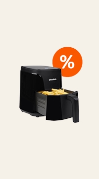 schwarze Heißluftfritteuse mit Pommes und Rabatt