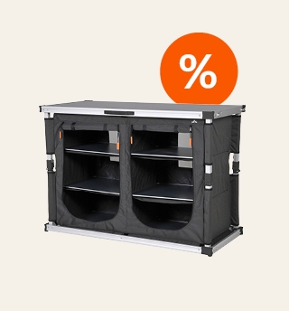 Faltbarer Schrank mit Arbeitsplatte und Regalen