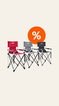 Klappstühle rot/grau/schwarz mit Rabatt-Symbol