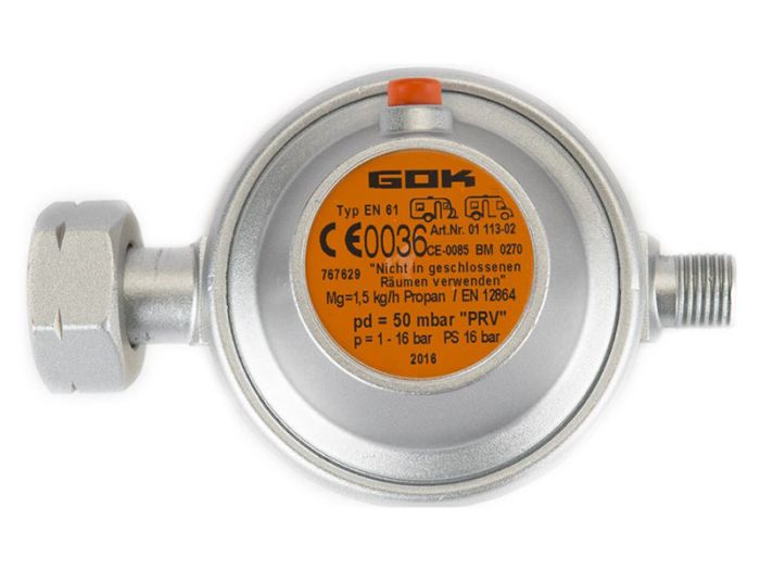 GOK DIN x 1/4 li 50 mbar Gasdruckregler mit Abblaseschutz