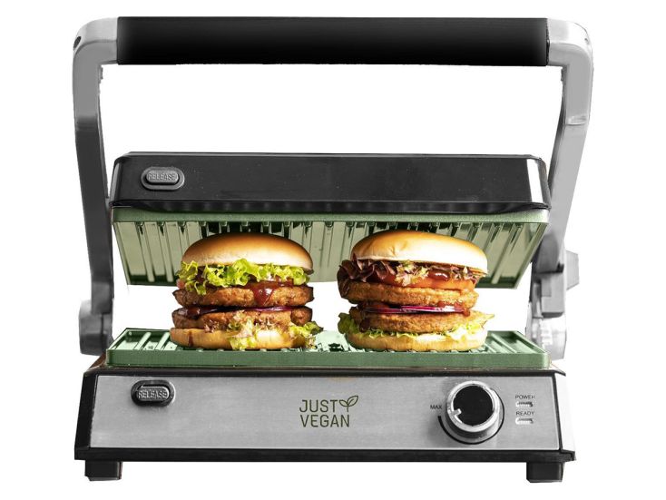 JUST VEGAN – CeraVegan BBQ-Kontaktgrill, mit pflanzlicher Keramik-Antihaftbeschichtung auf Basis von Avocado-Öl in Grün. - mit abnehmbaren Platten