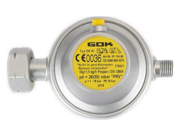 GOK DIN x 1/4" li 30 mbar Gasdruckregler mit Abblaseschutz