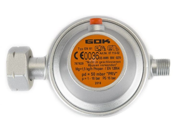 GOK DIN x 1/4" li 50 mbar Gasdruckregler mit Abblaseschutz