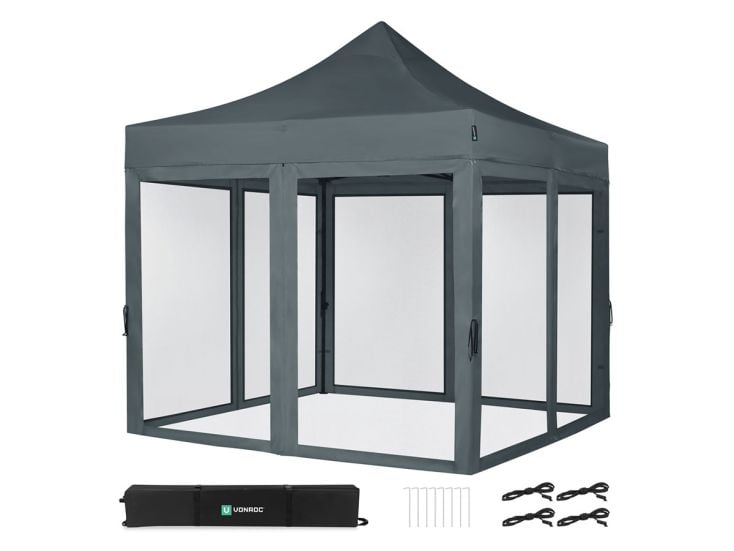 VONROC Premium 3x3 Pavillon mit Moskitonetz-Seitenwände - Grey