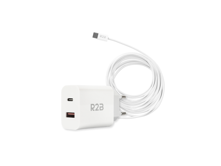 R2B 2 Meter weißes USB-C Kabel mit USB-A & USB-C Ladegerät